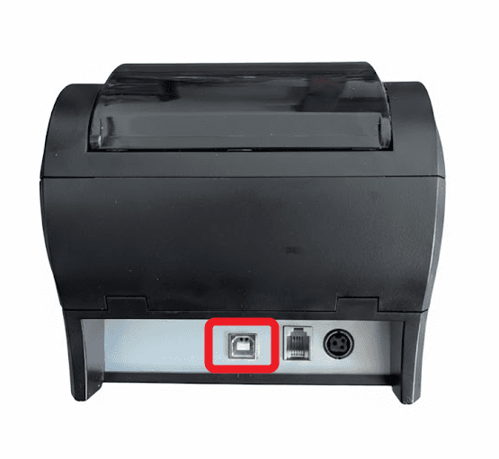 The back of a receipt printer with the square USB-B port highlighted