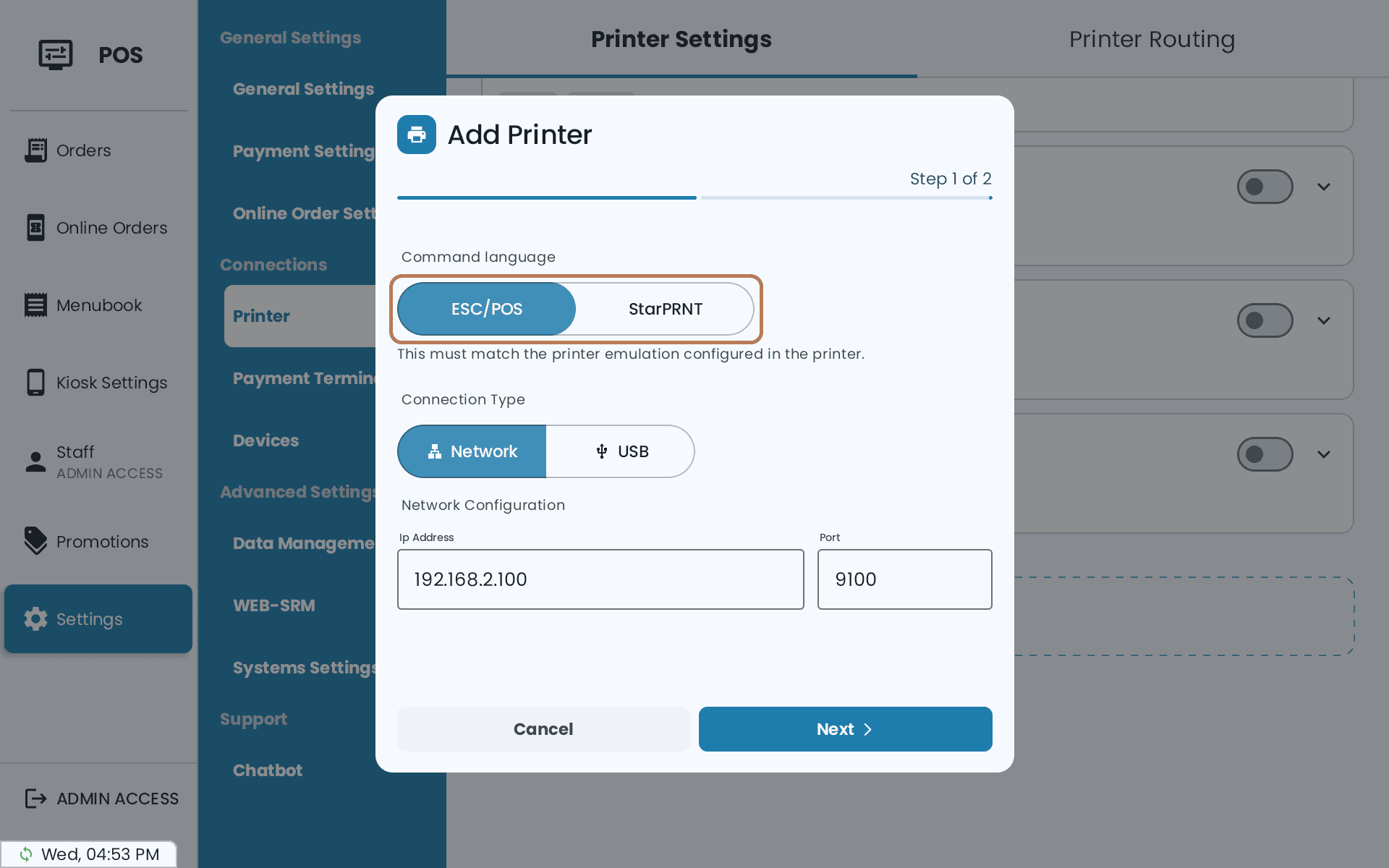 Step 1 of 2 of Add Printer: Command language with ESC/POS and StarPRNT, then Connection Type with Network and USB, then the IP address and port