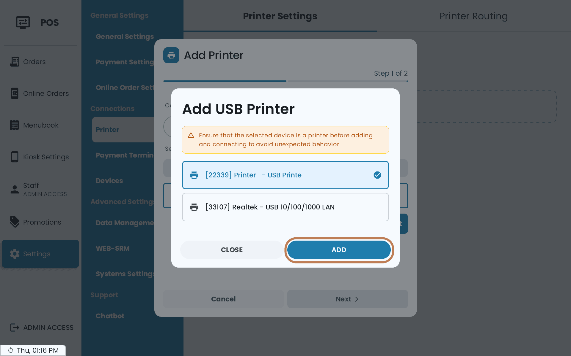 The Add USB Printer dialog listing a printer and a Realtek network adapter, with a warning to make sure the selected device is a printer