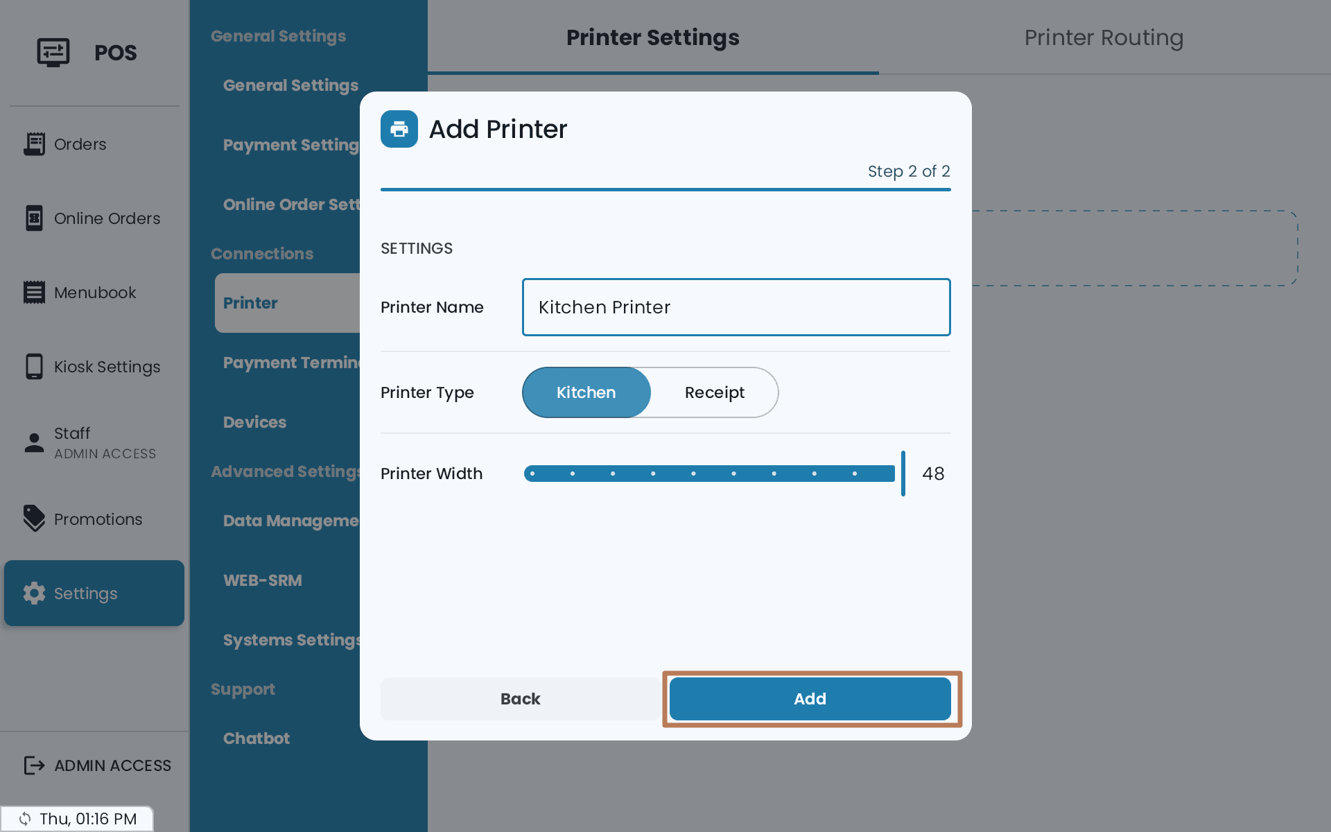 Step 2 of 2 of Add Printer: Printer Name, Printer Type with Kitchen and Receipt, and a Printer Width slider set to 48