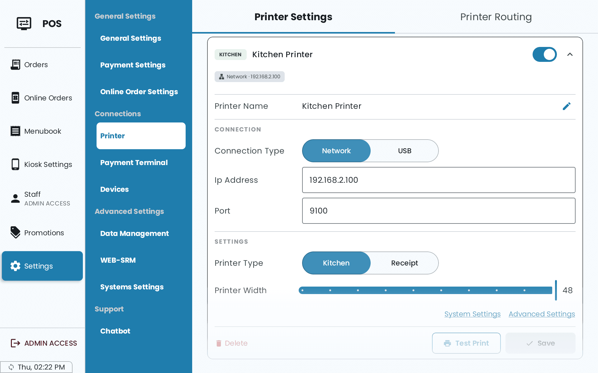 A saved printer's card in Printer Settings, with its connection and settings above Delete, Test Print and Save
