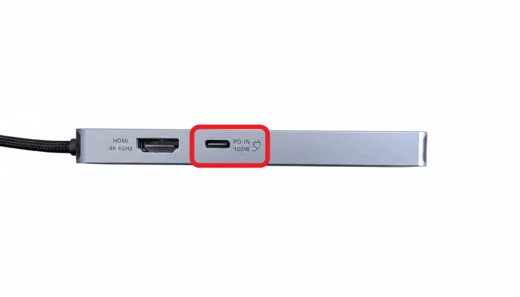 The end of a USB-C hub, with its charging input highlighted beside an HDMI port and labelled PD-IN 100W