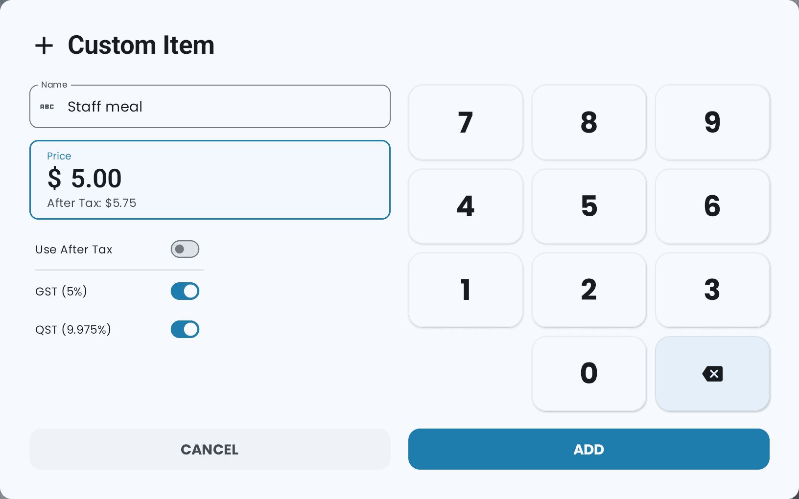 The Custom Item dialog with Staff meal as the Name and a Price of $5.00, $5.75 after tax, then the Use After Tax, GST and QST switches beside a number pad