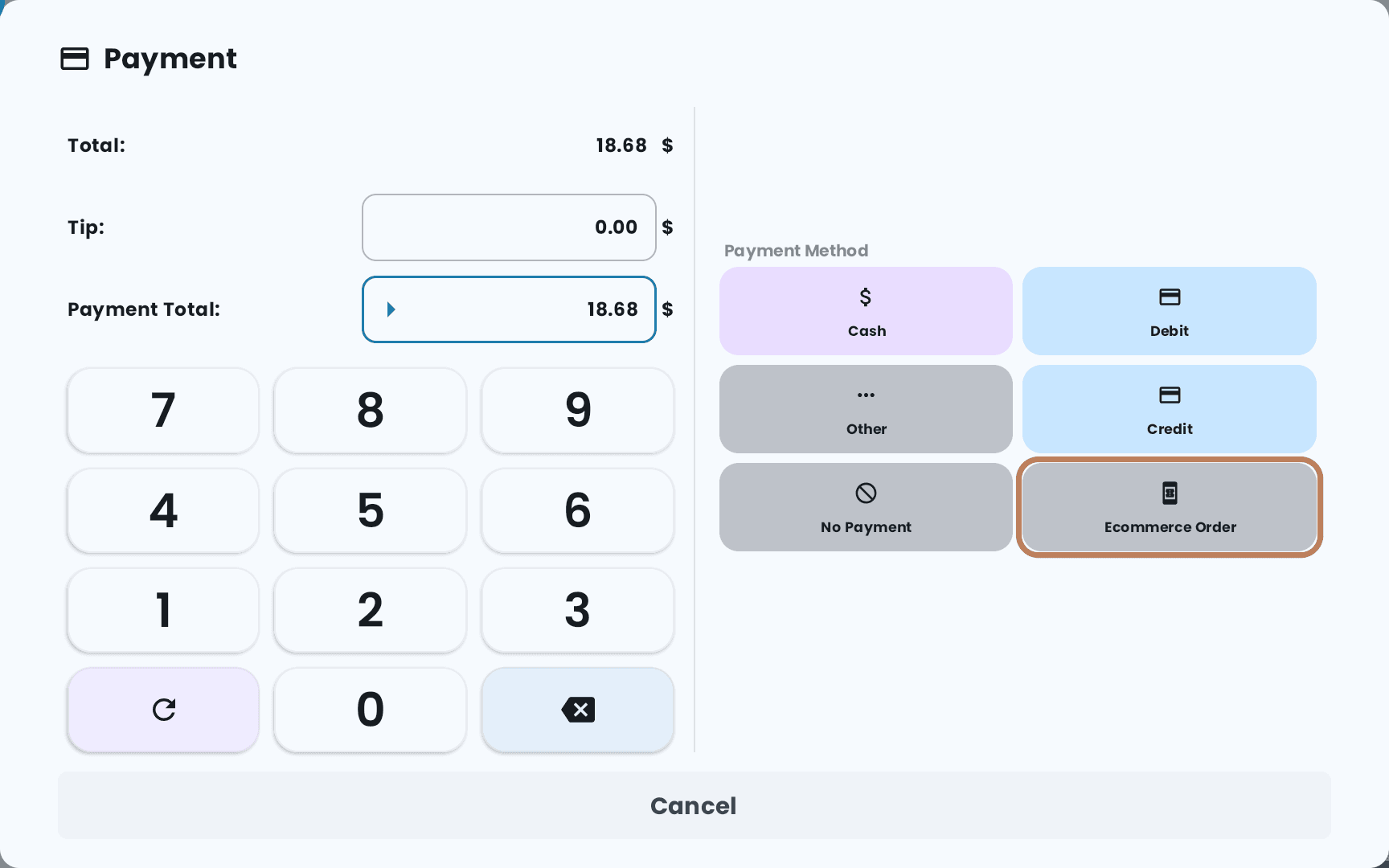 The Payment screen with Ecommerce Order outlined among the payment methods