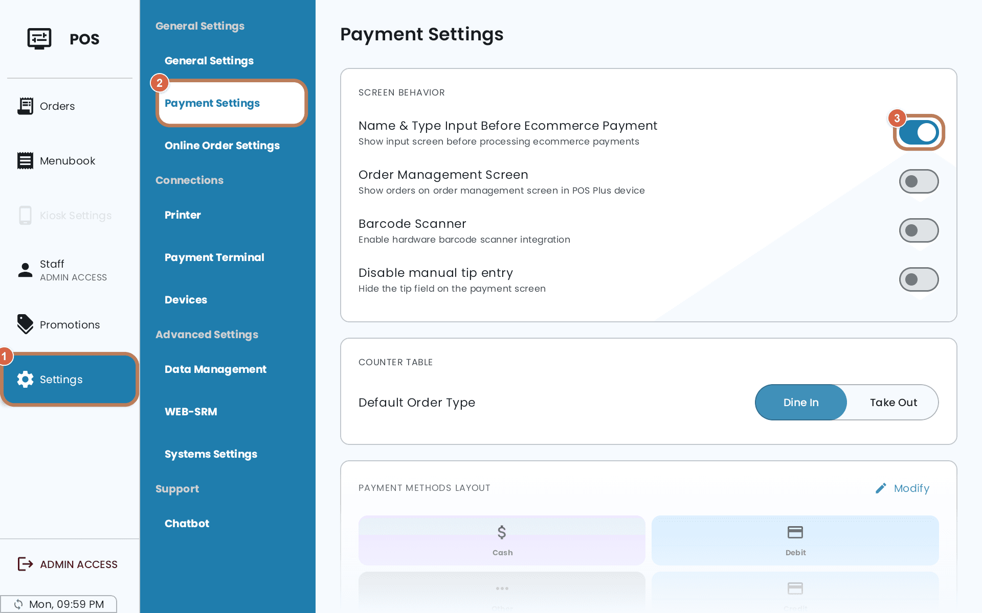 Payment Settings on the POS, with Name & Type Input Before Ecommerce Payment switched on