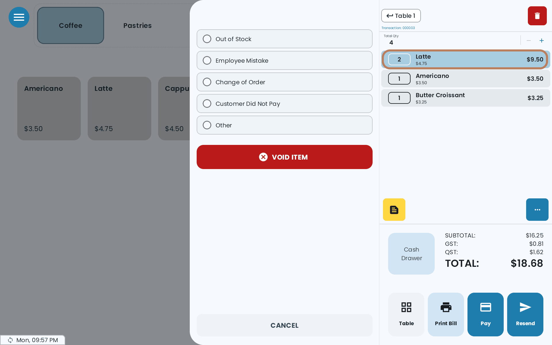 A Latte that has been sent, selected in the cart and outlined, with the reasons Out of Stock, Employee Mistake, Change of Order, Customer Did Not Pay and Other above the VOID ITEM button. Send Order now reads Resend