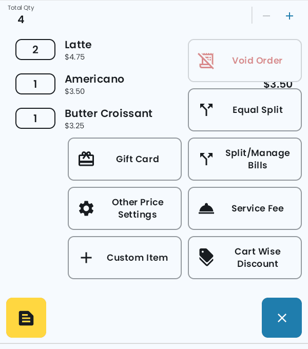 The ··· menu open above the cart: Void Order greyed out, then Equal Split, Gift Card, Split/Manage Bills, Other Price Settings, Service Fee, Custom Item and Cart Wise Discount, with the ··· button turned into a close button