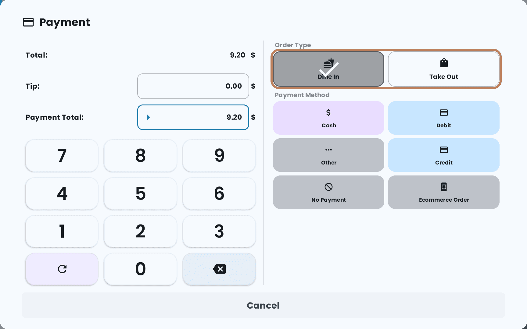 The Pay screen for a counter order, with Order Type outlined above the payment methods: Dine In, which is selected, and Take Out