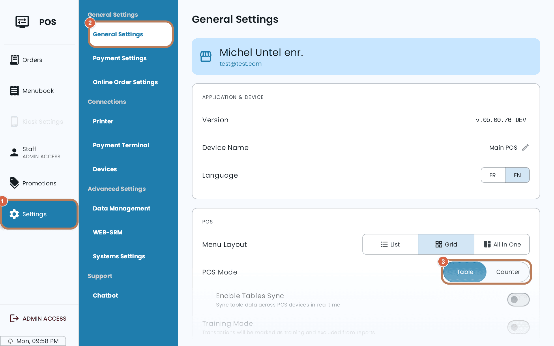 General Settings on the POS, with POS Mode set to Table and Counter beside it