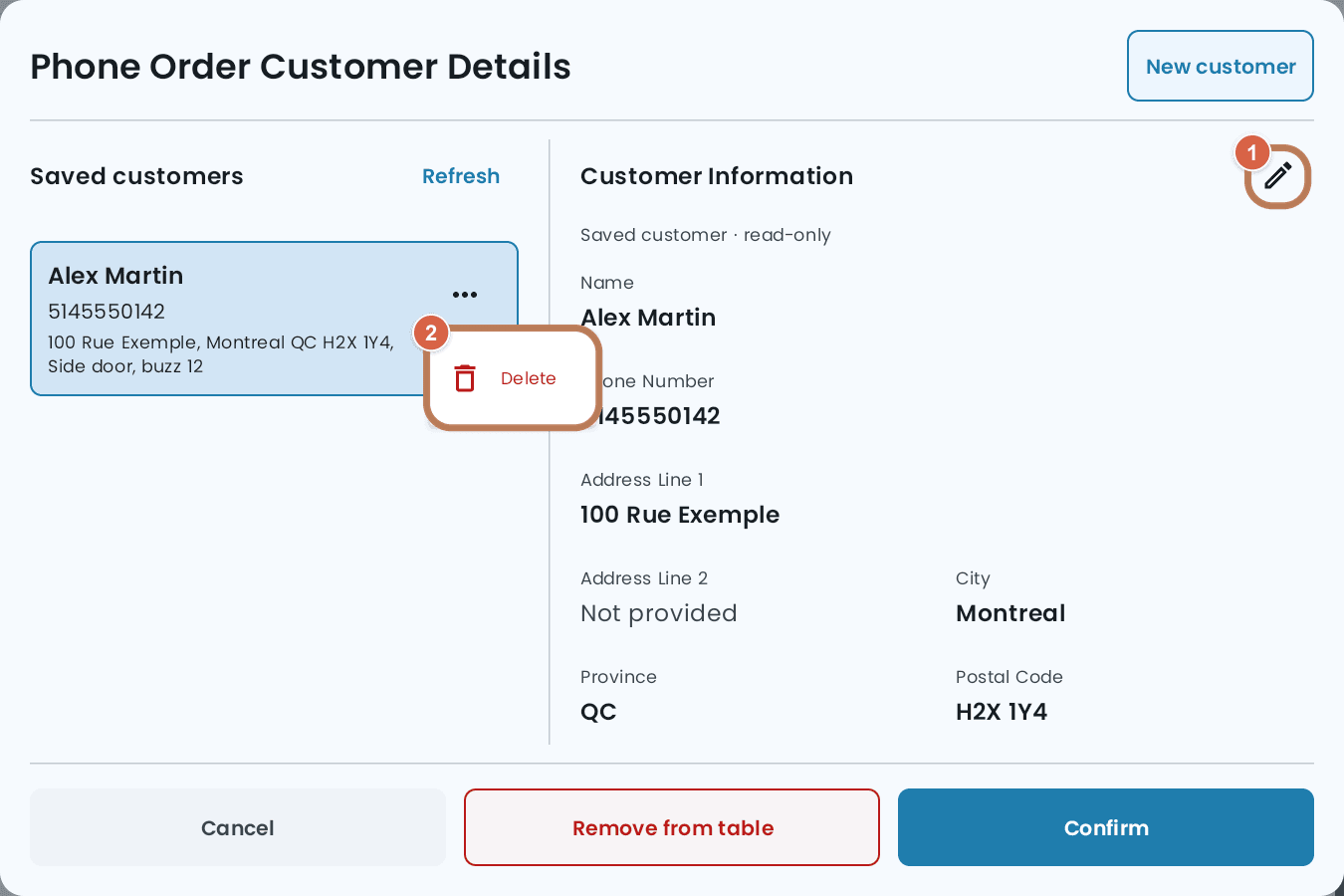 Phone Order Customer Details with one saved customer selected, its details shown read-only on the right, the pencil outlined, and the customer's ··· menu open on Delete