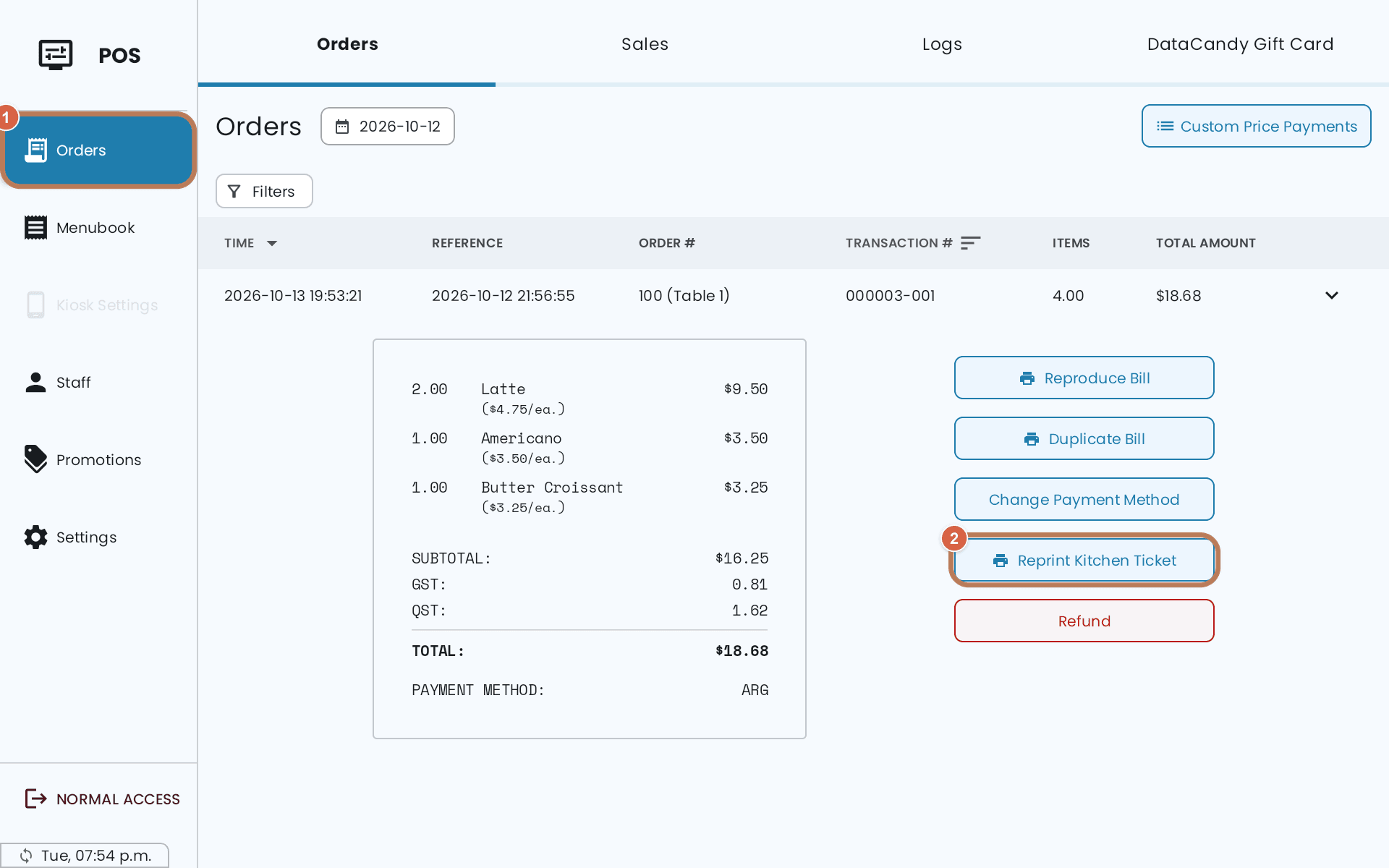 The Orders screen on the POS with a completed order expanded, and its Reprint Kitchen Ticket button outlined