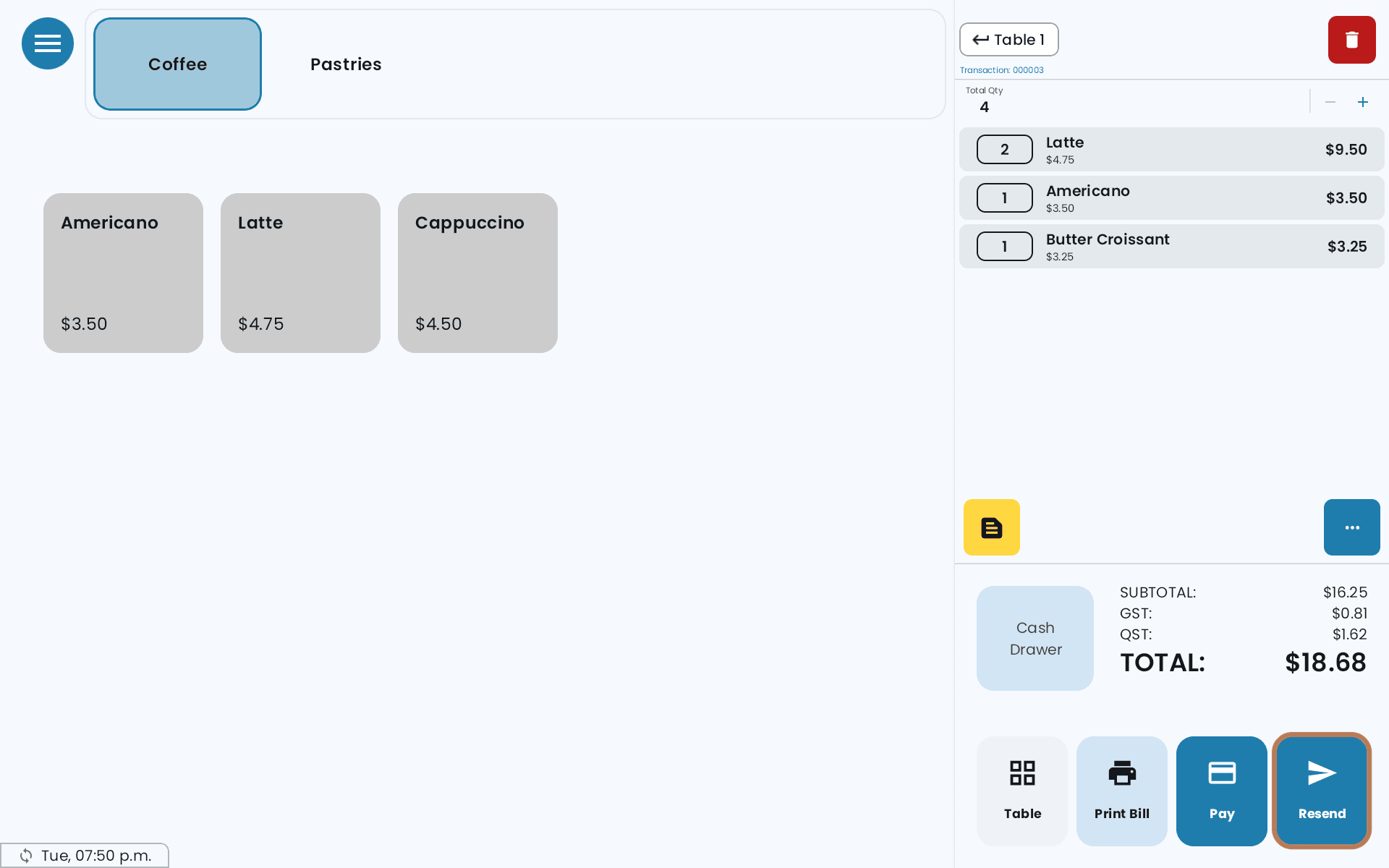 A table's cart after every item has been sent, with Resend outlined where Send Order was
