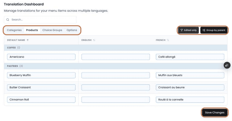The Translations sheet on the Products tab with Edited only and Group by parent on: Americano under COFFEE and three pastries under PASTRIES, each with a French name and outlined in blue, and Save Changes below