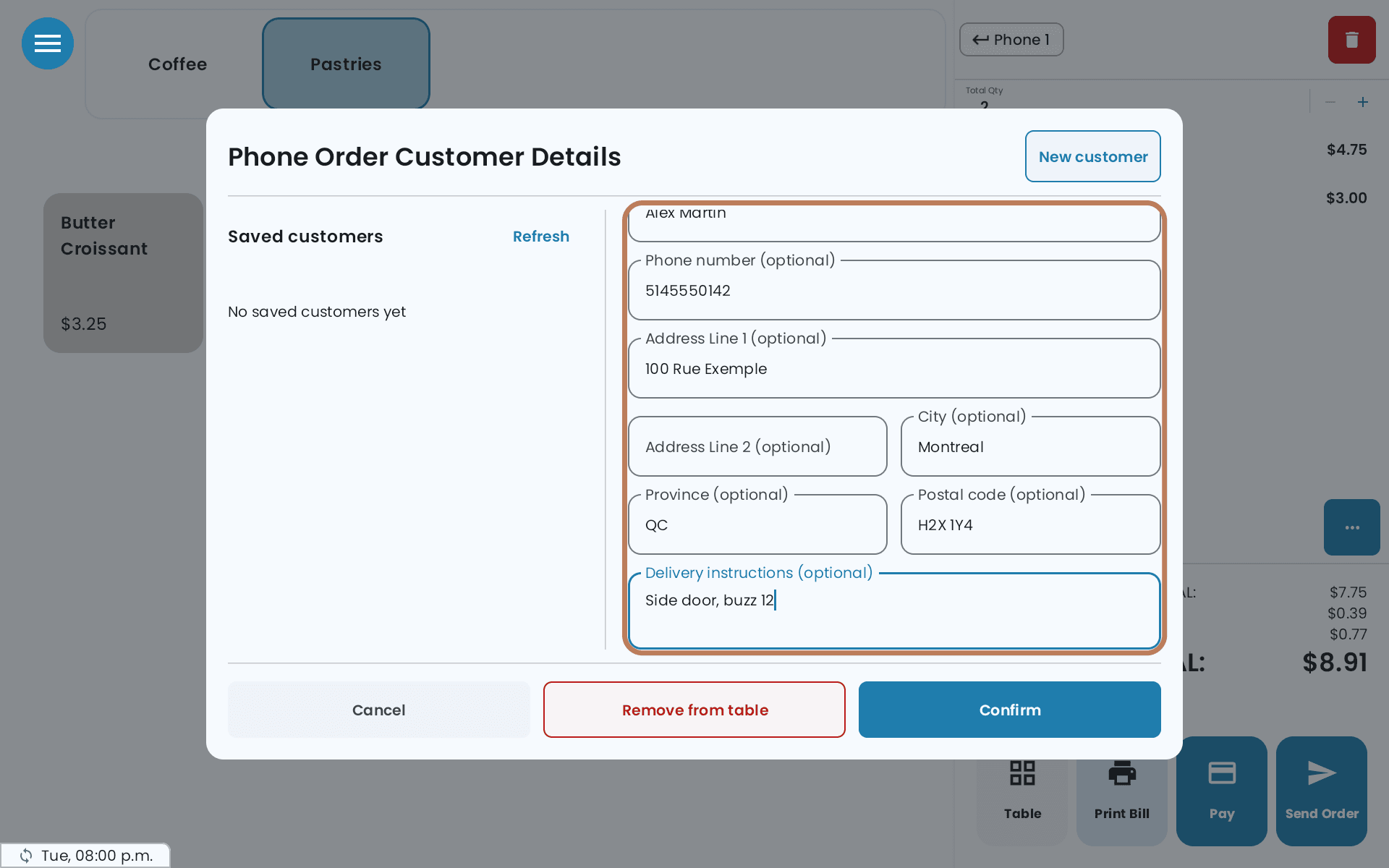 The customer details filled in, outlined: name, phone number, address, city, province, postal code and delivery instructions
