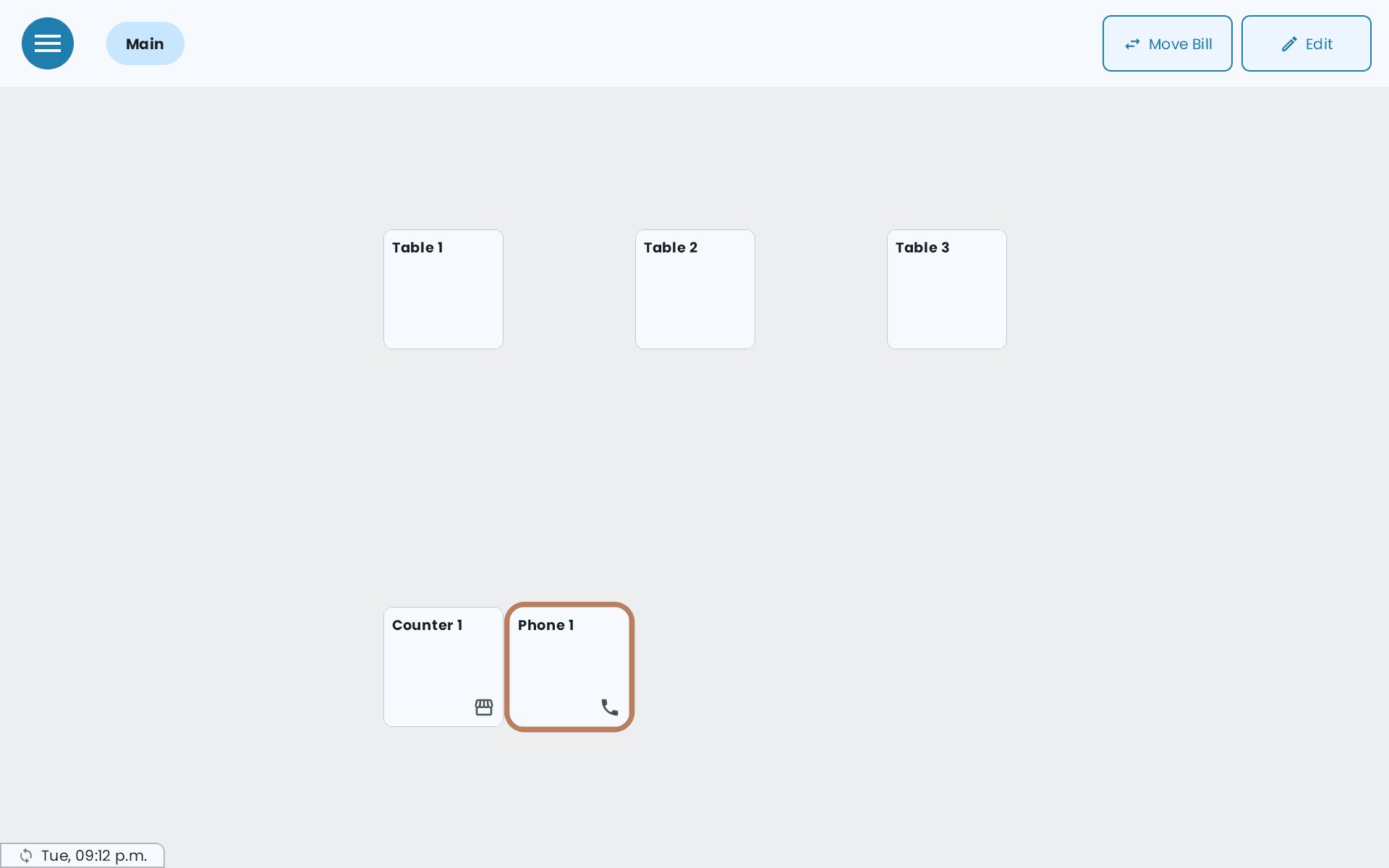 The floor plan, with the Phone 1 table, marked by a phone icon, outlined