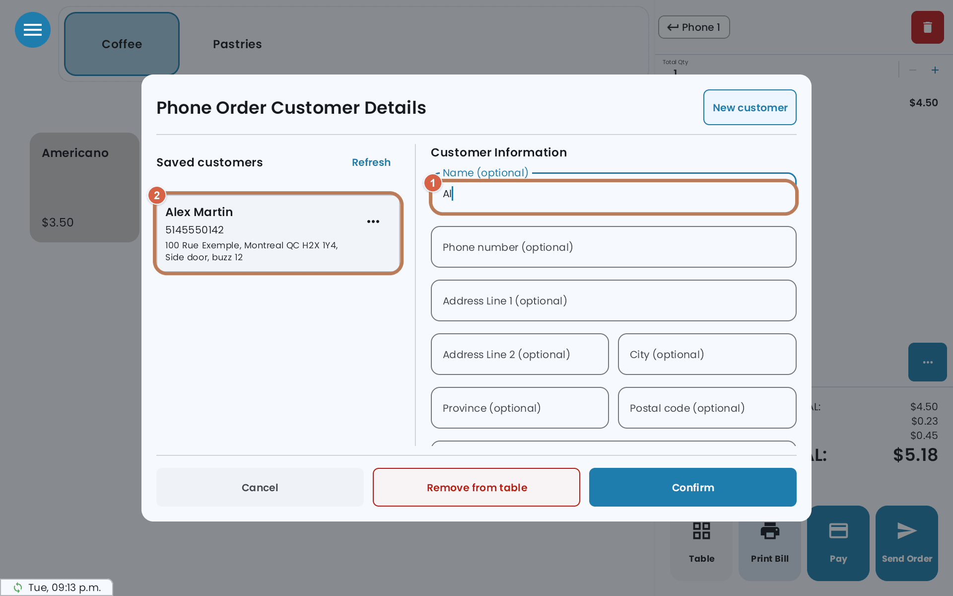 Phone Order Customer Details with Al typed in Name, marked 1, and the matching saved customer, Alex Martin, marked 2