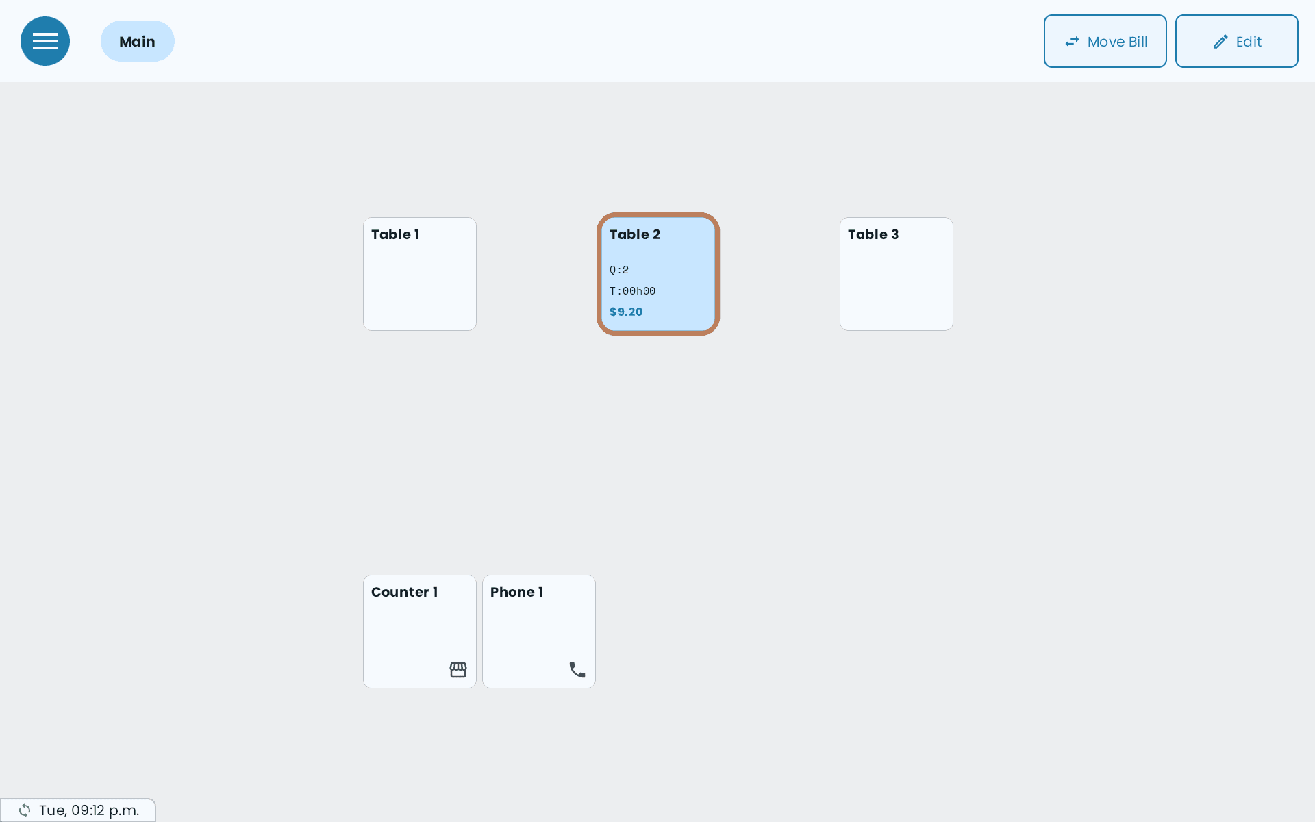 The floor plan, with Table 2 outlined, showing an open order of 2 items for $9.20