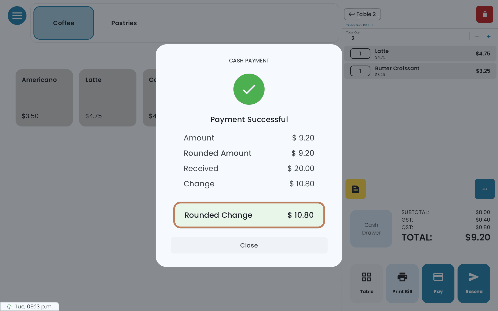 Payment Successful after a cash payment: $20.00 received, with the change of $10.80 outlined