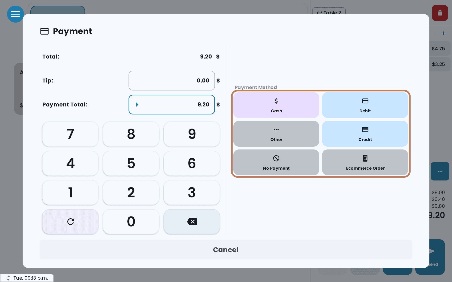 The Payment screen for a $9.20 order, with the payment methods outlined