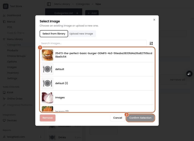 The Select Image dialog, with the image library marked 1 and Confirm Selection marked 2