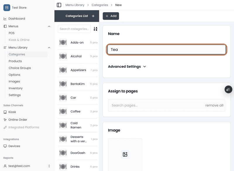 The new category form with Tea typed in Name, outlined