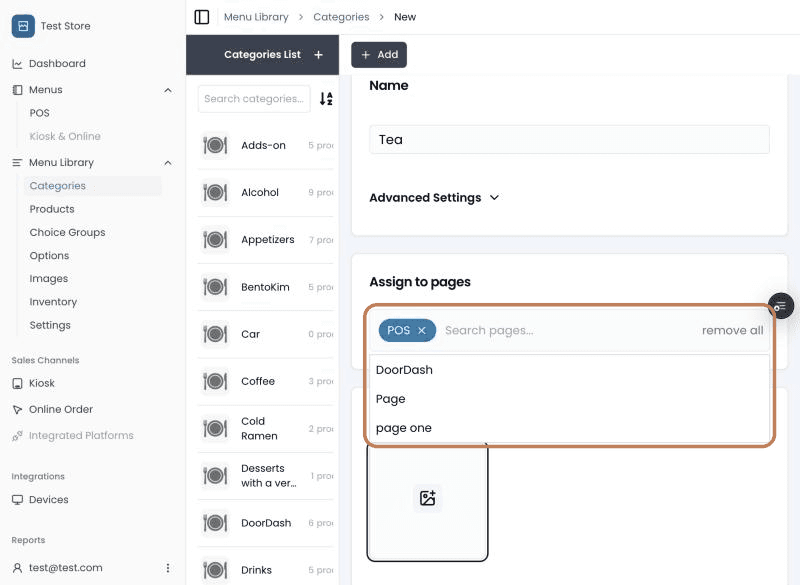 Assign to pages with POS chosen and the list of other pages open, outlined