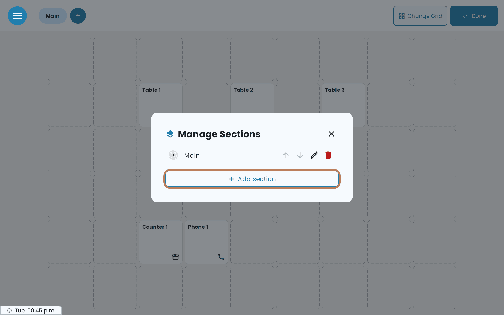 Manage Sections listing the Main section, with Add section outlined