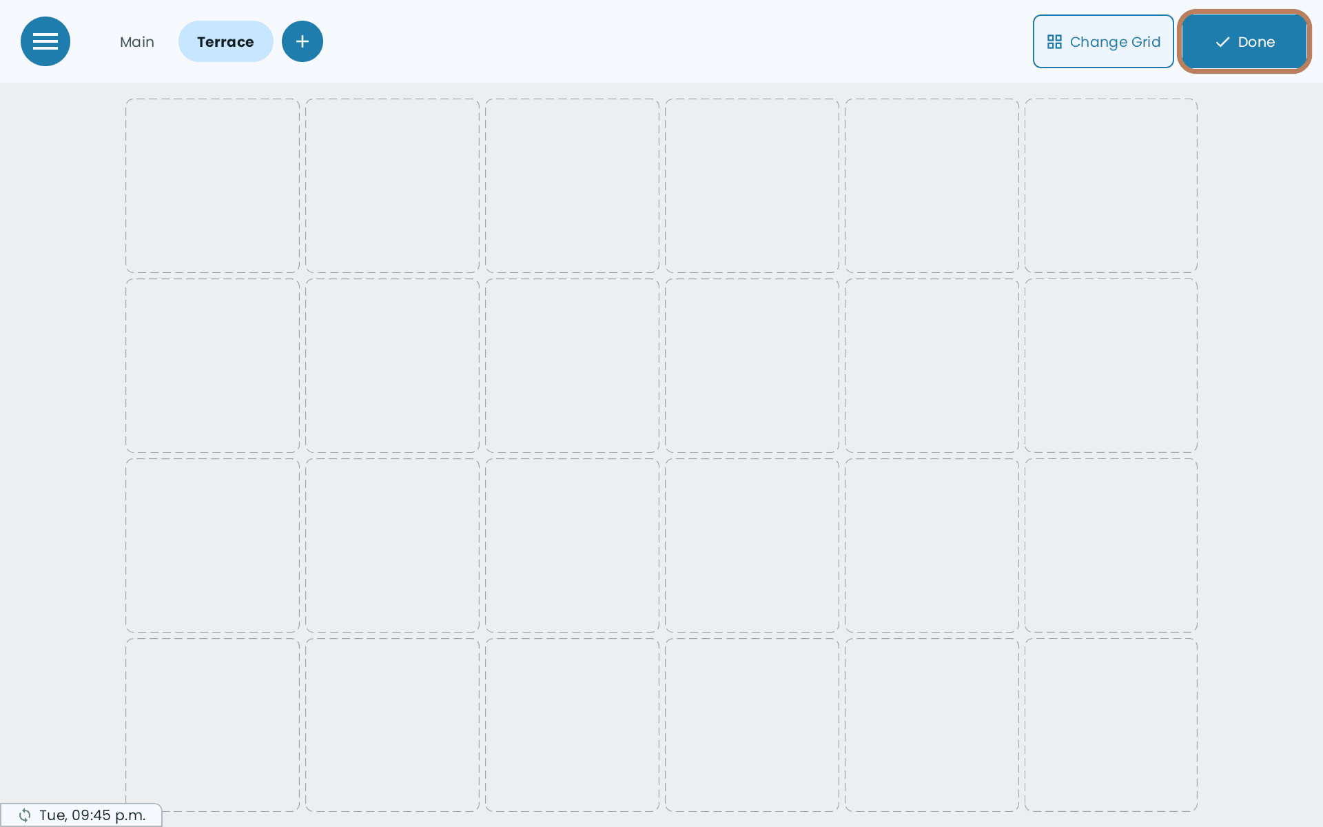 The new Terrace section, an empty grid of 4 rows and 6 columns, with Done outlined