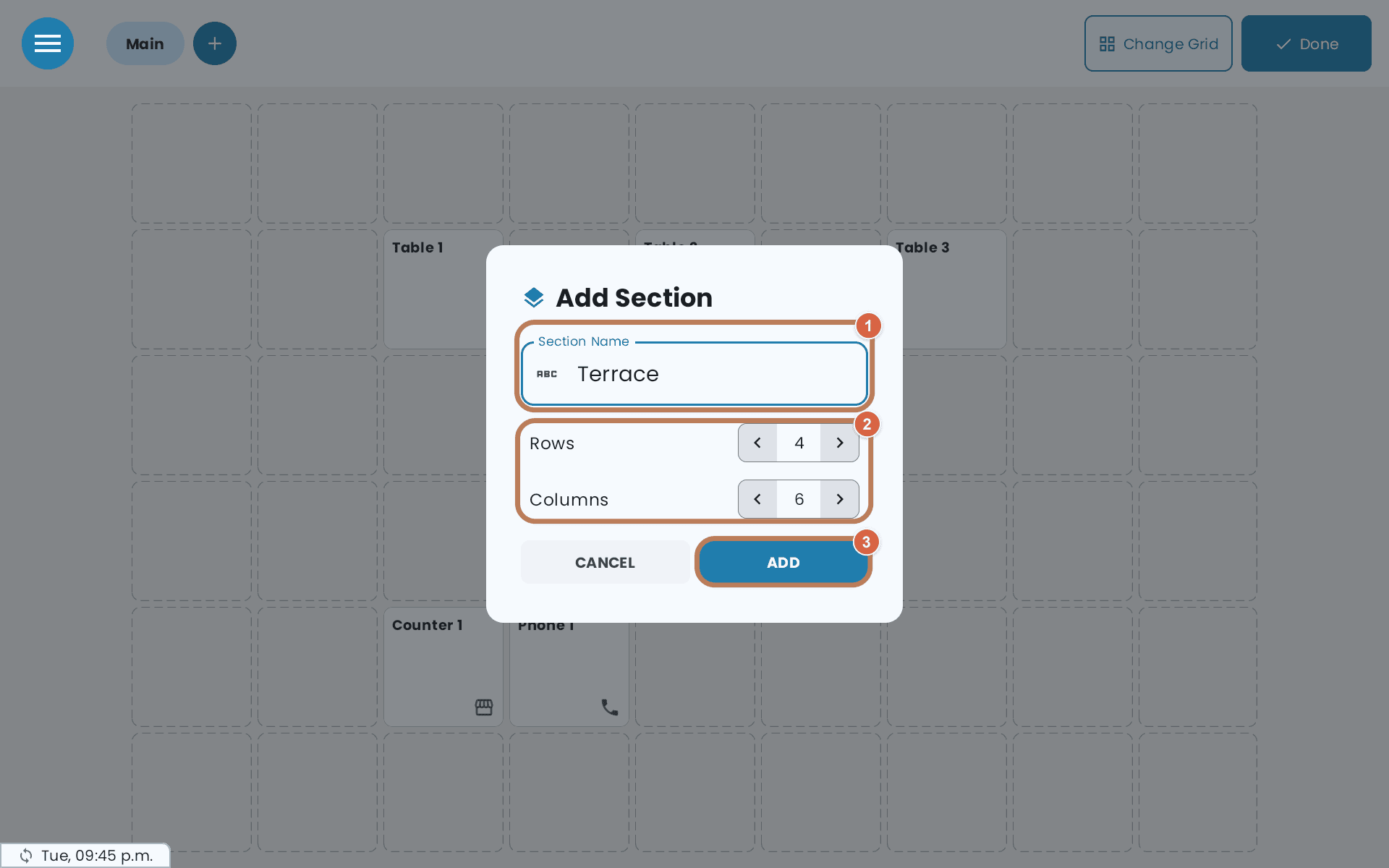 Add Section with Terrace typed as the Section Name, marked 1, Rows 4 and Columns 6, marked 2, and ADD, marked 3