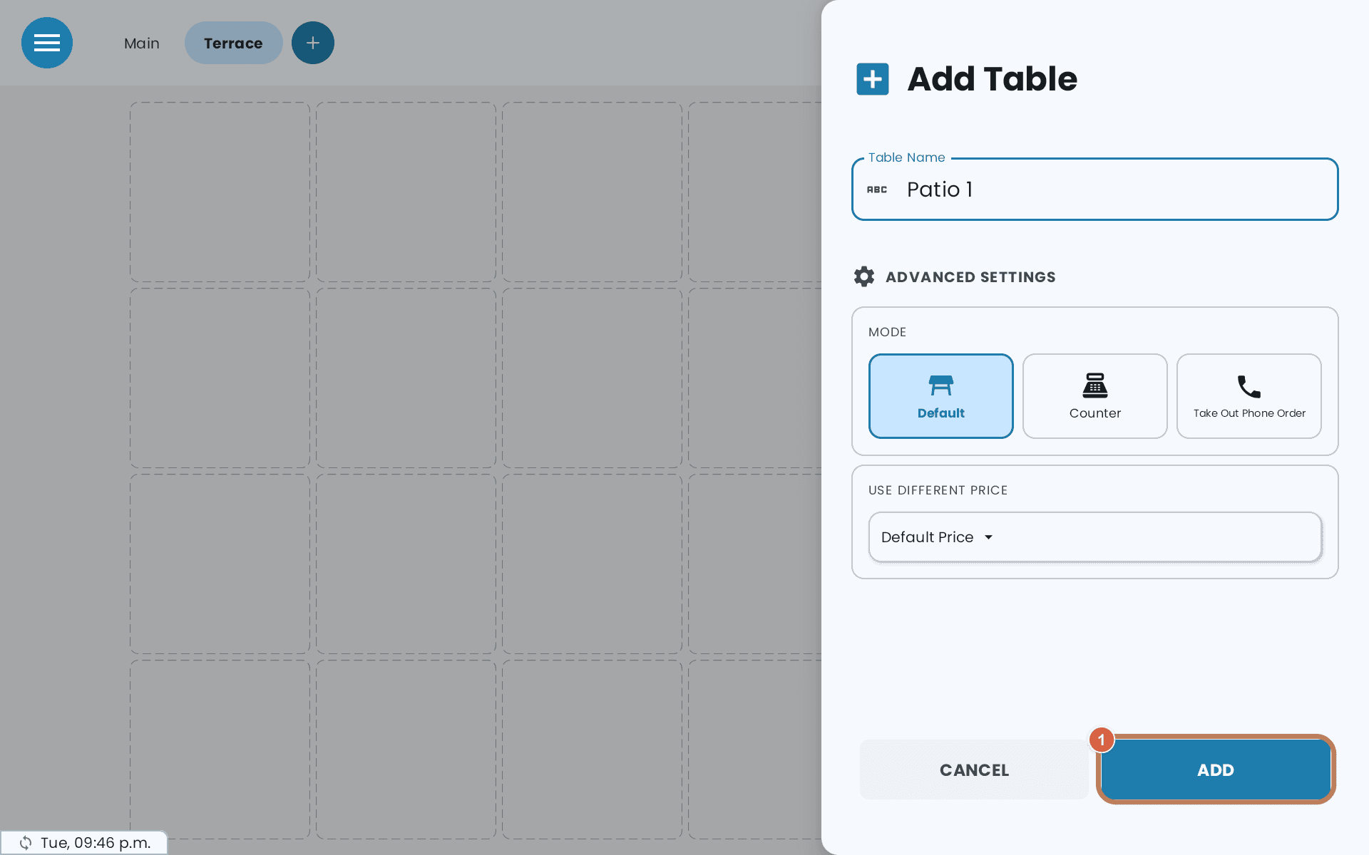 The filled-in Add Table panel, with ADD marked 1