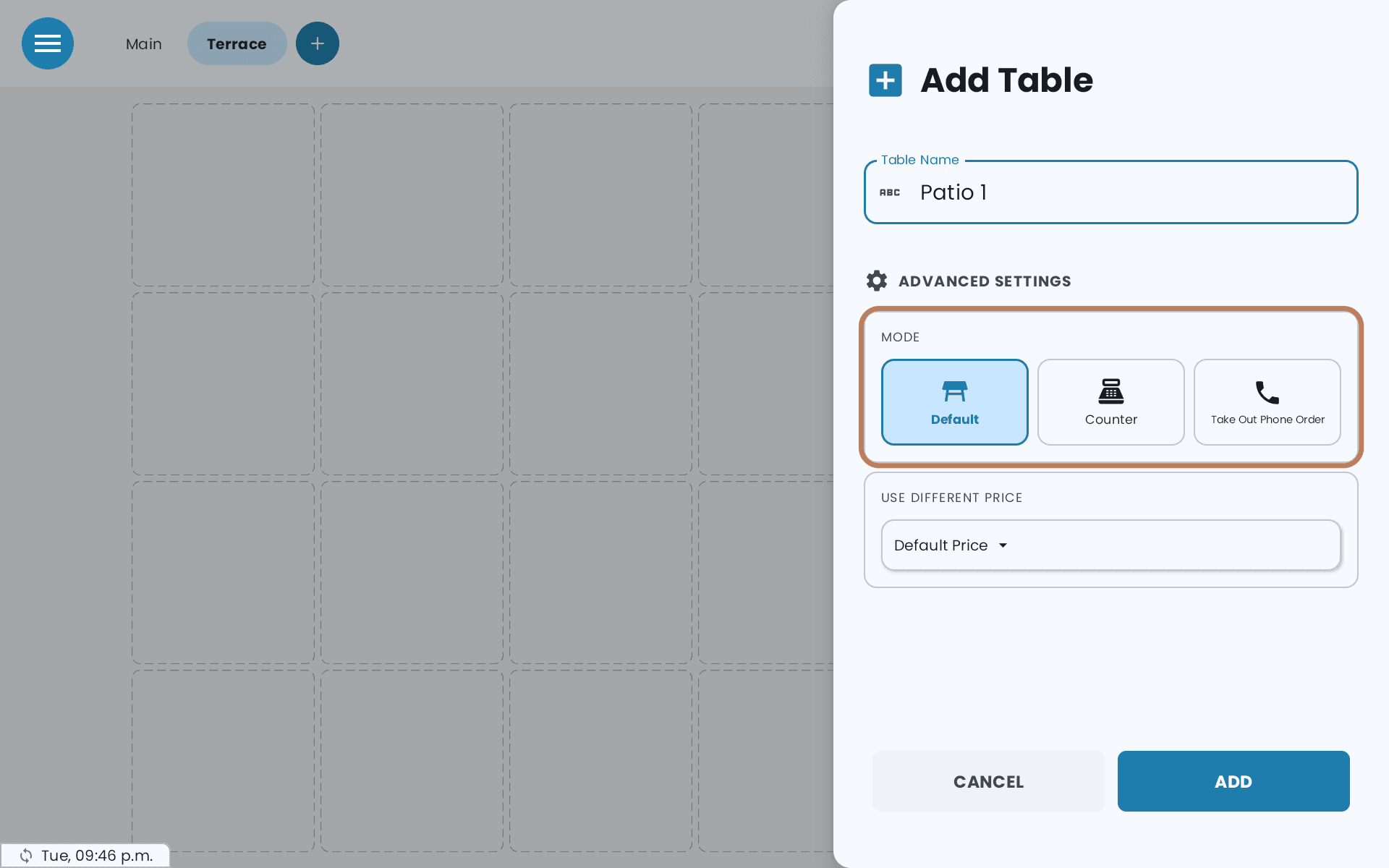 The three Mode buttons under Advanced Settings, with Default chosen, outlined