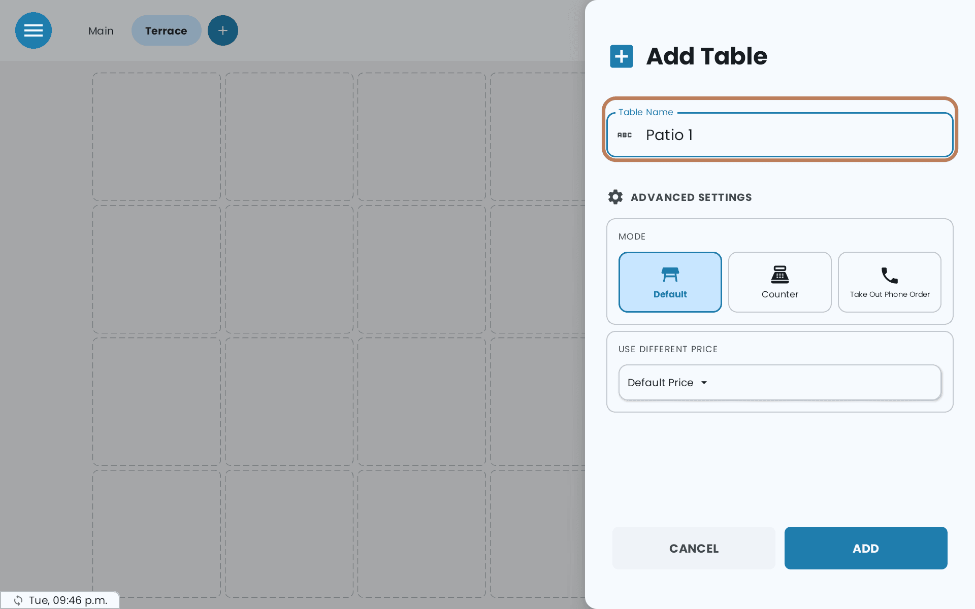 Add Table with Patio 1 typed as the Table Name, outlined