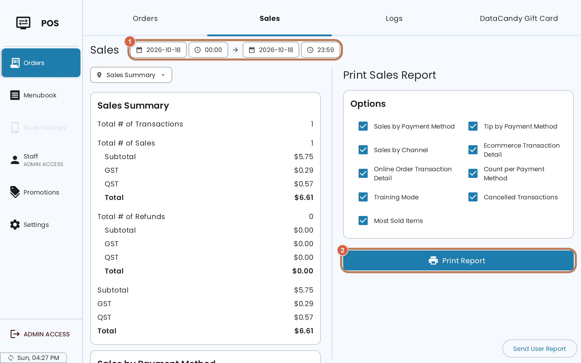 The Sales tab under Orders, with the date and time range marked 1 and Print Report marked 2